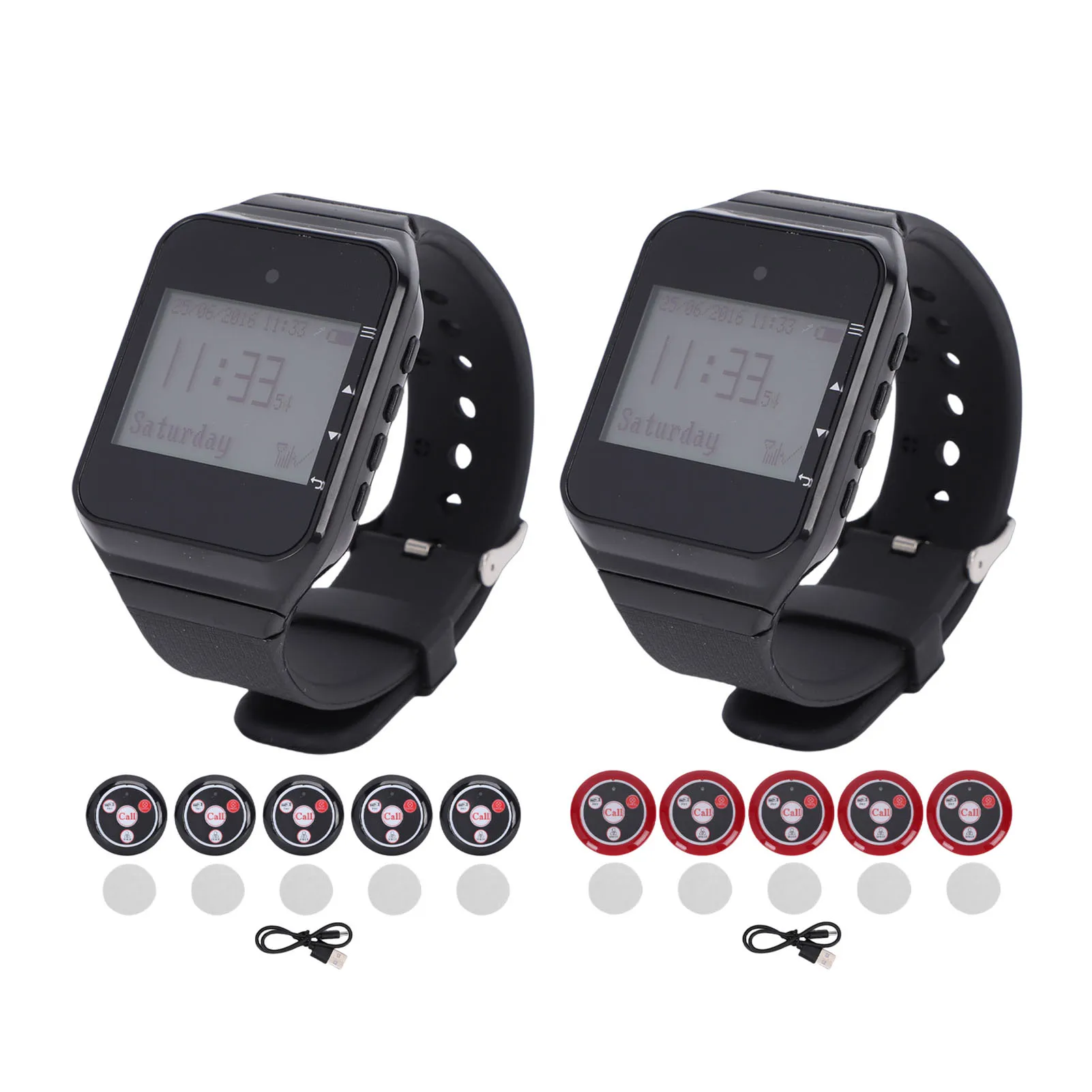 Wireless Calling System Waiter Service System with 5pcs 4 Key Call Buttons 1 Watch Receiver IPX4 Water Proof for Restaurant Cafe