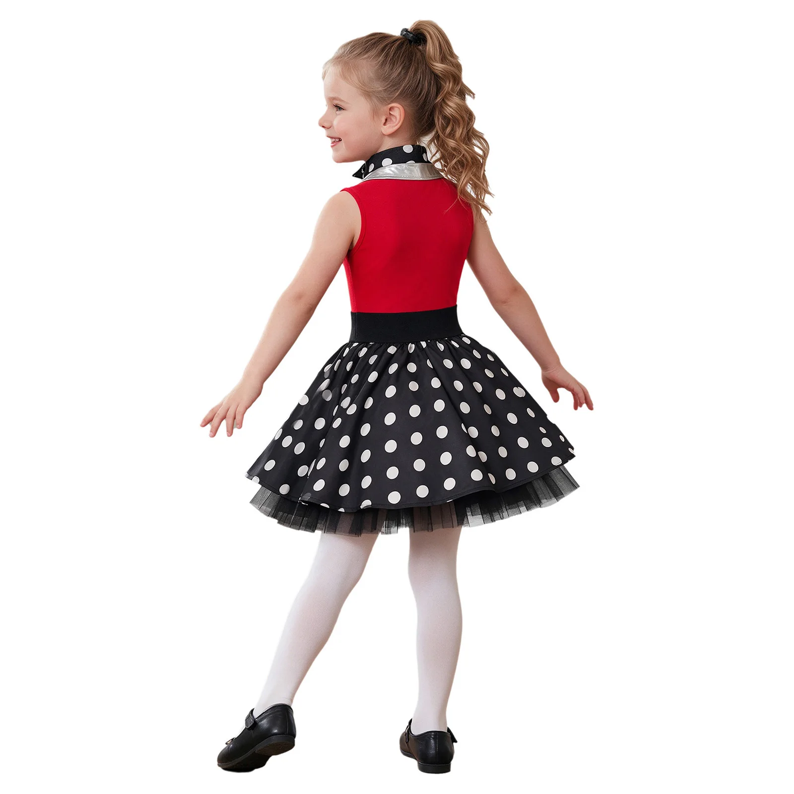 50s Costumes for Girls Kids Halloween Retro Birthday Themed Party Dress Up Sleeveless Polka Dot Printed Dress with Neck Scarf