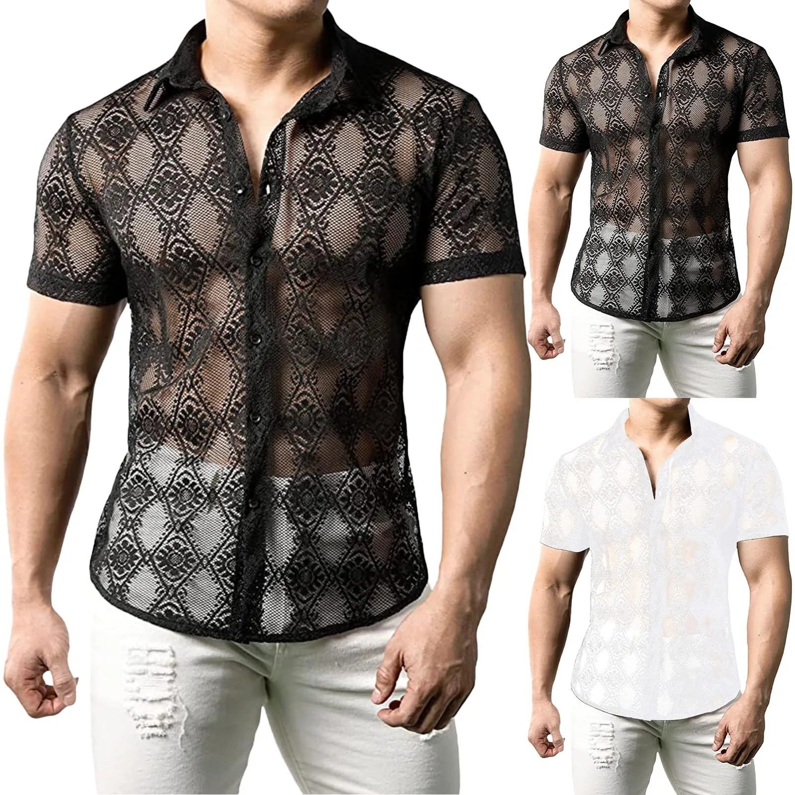 

Mens Simple Fashion Sexy Flower Lace Button Short Sleeve Shirt Top Holiday Solid Shirts Men's Clothes