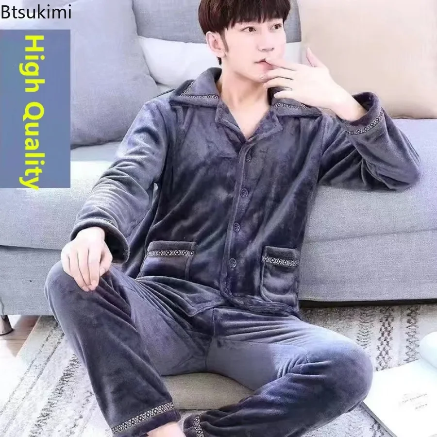 New Thicken Flannel Pajama Sets for Men Autumn Winter Long Sleeve Trousers Warm Home Wear Men Coral Fleece Lounge Sleepwear Suit