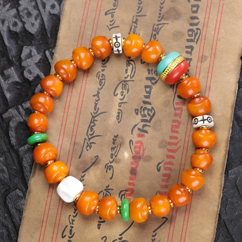 Yak bone ingot prayer beads, ethnic Tibetan-style cultural artifact, dzi bead bracelet
