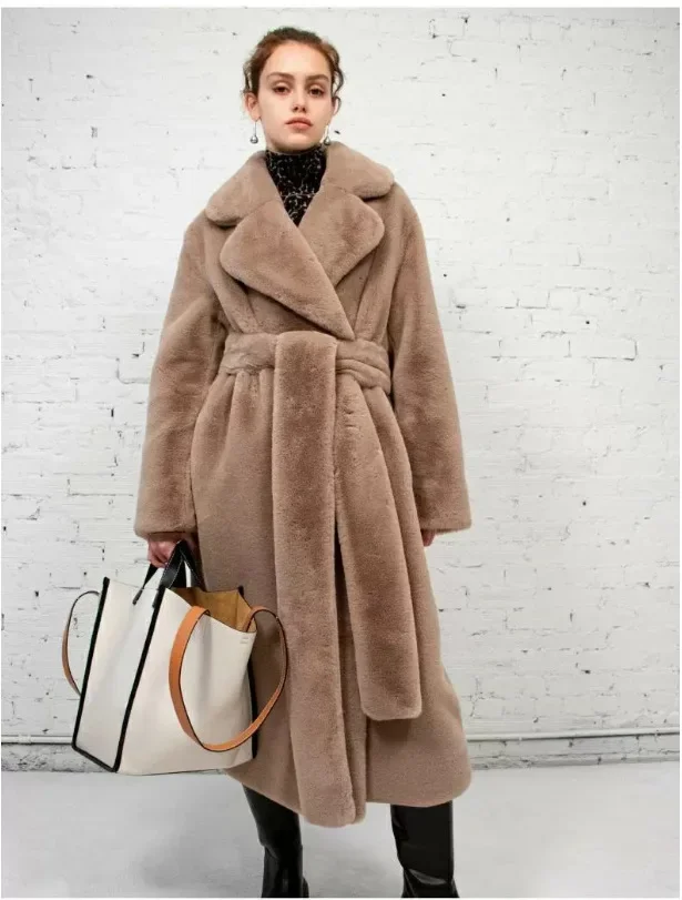 Faux Fur Furry Long Coat Women With Belt Thickened Warm Turndown Collar Female Plush Jacket Autumn Winter Fashion Lady Overcoat