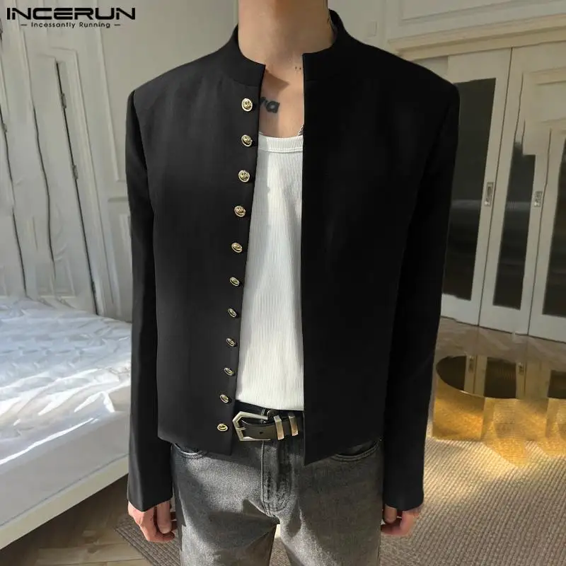 INCERUN Men Blazer Solid Color Stand Collar Long Sleeve Button Casual Male Suits Streetwear 2024 Autumn Fashion Thin Coats Men