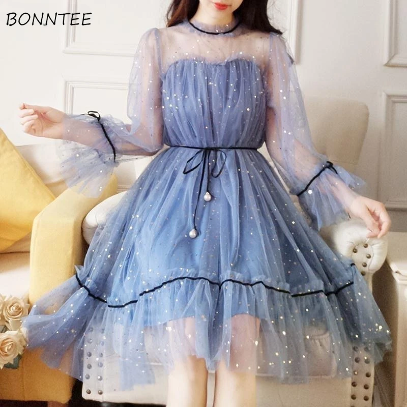 Long Sleeve Dresses Women Mesh Sequined Design Exquisite Aesthetic Korean Fashion Sweet Temper Knee-length Ins Spring Vestidos