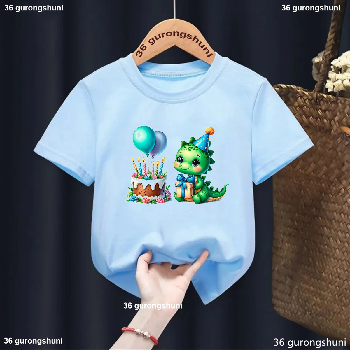 Dinosaurs Balloons Print T Shirt For Girls/Boys Birthday Gift Kids Clothes Funny Blue Tshirt Summer Fashion Toddler T-Shirt