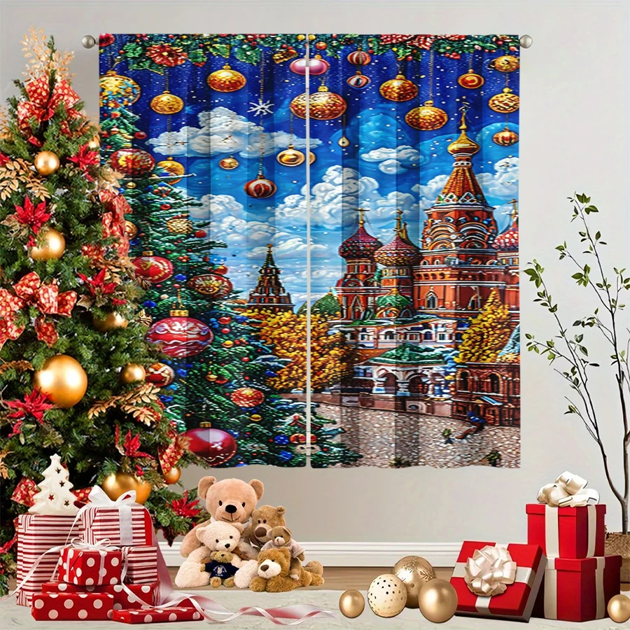 2PCS Christmas Winter Curtains, Russian Cathedral Snow Tree Ball Ornament Blue, Digital Print, Bedroom Living Room, Home Decor