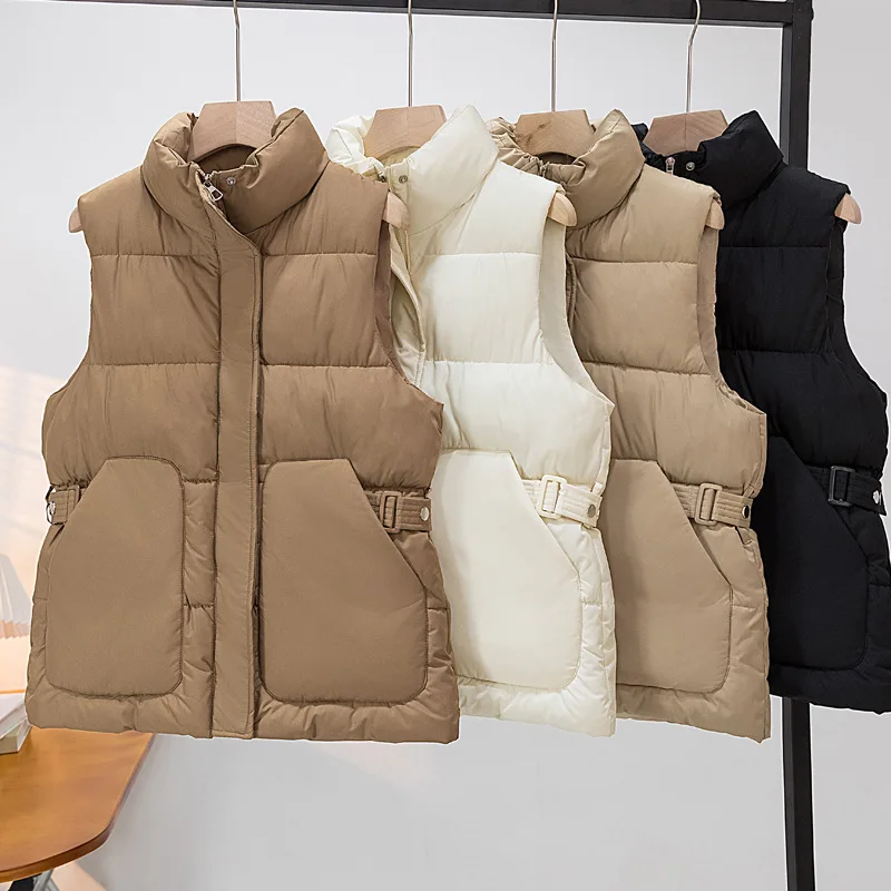 

Women Sleeveless Vest Jacket Stand Collar Sashe Female Waistcoat Puffer Quilated Waistcoat Casual Loose Korean Winter Autumn
