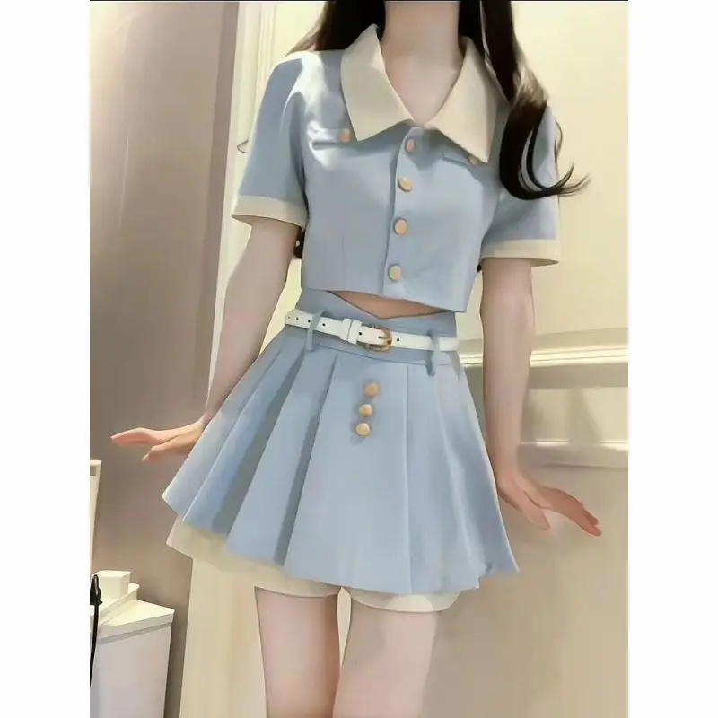 Women\'s Clothes Preppy Style Suit 2024 Summer Short Shirts High Waist Pleated Skirt Pants Two Piece Set Blue Polo Tops Shorts