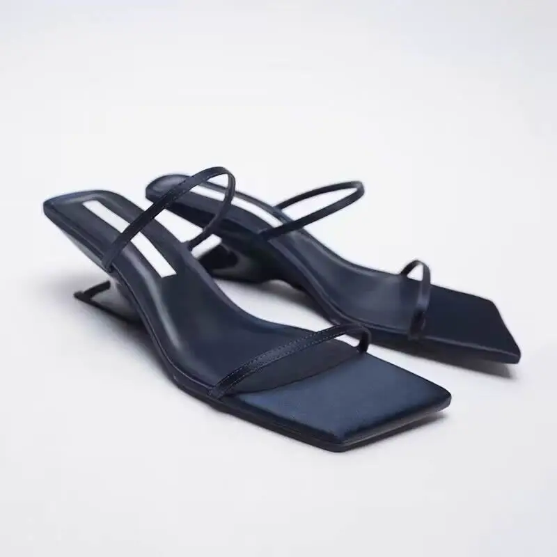 

2024 Simple Open-toed Shoes Women Thin Strap Wedge Sandals Square Head Sexy High-heeled Roman Slippers Flip Flops Blue Slides