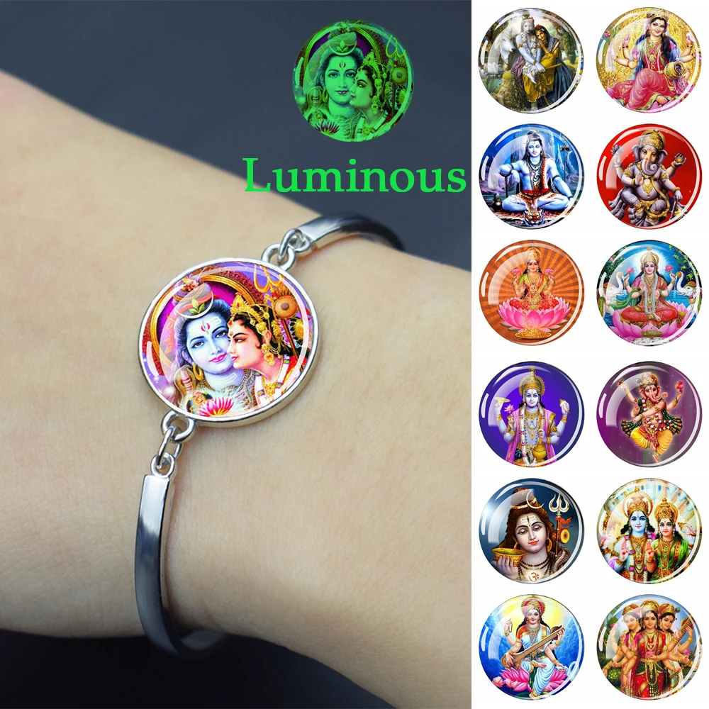 Hinduism God Bracelets Ganesha Durga Vishnu Kashmi Shiva Amulet Luminous Glass Cabochon Bracelet Women Glow In The Dark Jewelry