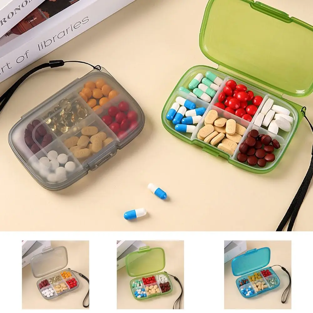 Portable Plastic 6 Grids Pill Box Small Sealed Pill Case with String Dust-proof Weekly Medicine Holder Travel