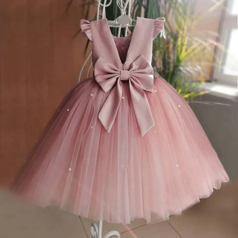 Girl Dress Middle Child Mesh Backless Bow Puffy Princess Dress Flower Girl Dresses for Weddings Toddler Girl Clothes