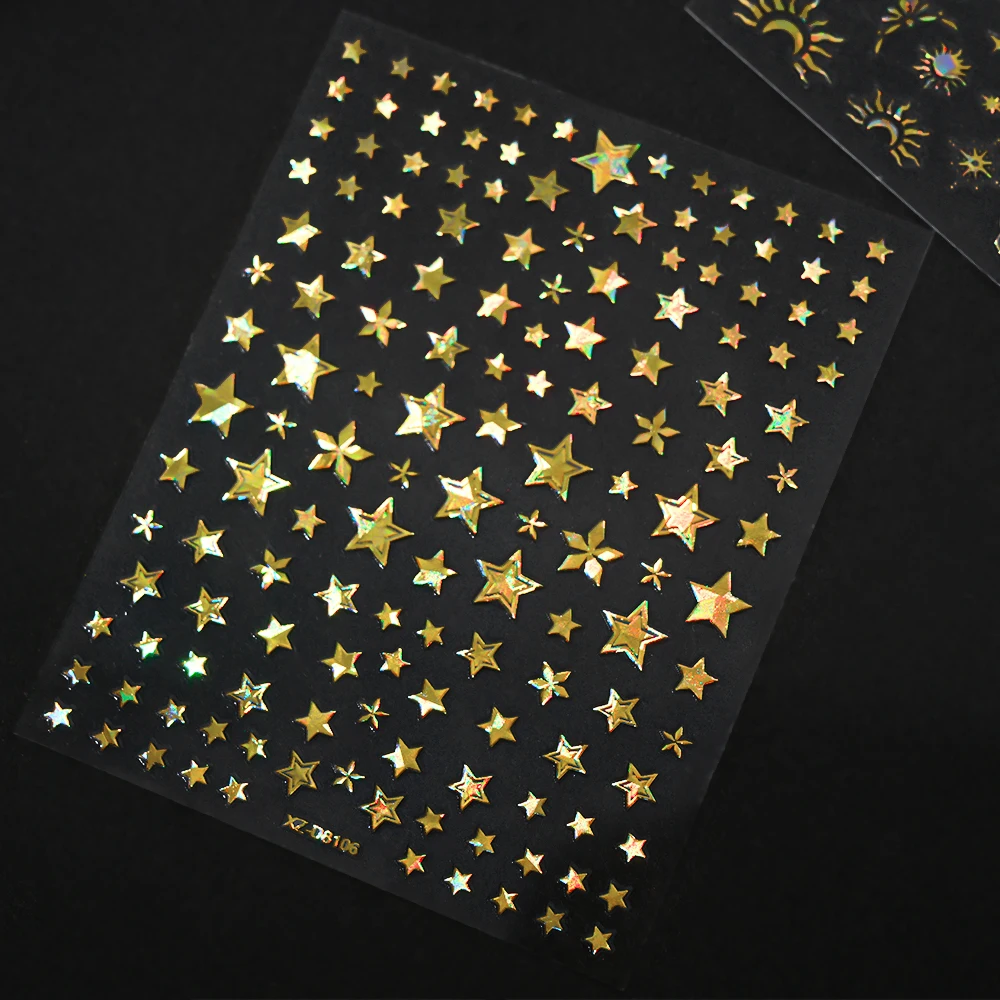 12 Stück 3D Gold Silber Laser Sonne Stern Mond Nail Art Aufkleber Y2K Sternenlicht Selbstklebende Slider Bronzing Bogen Blatt Maniküre Aufkleber
