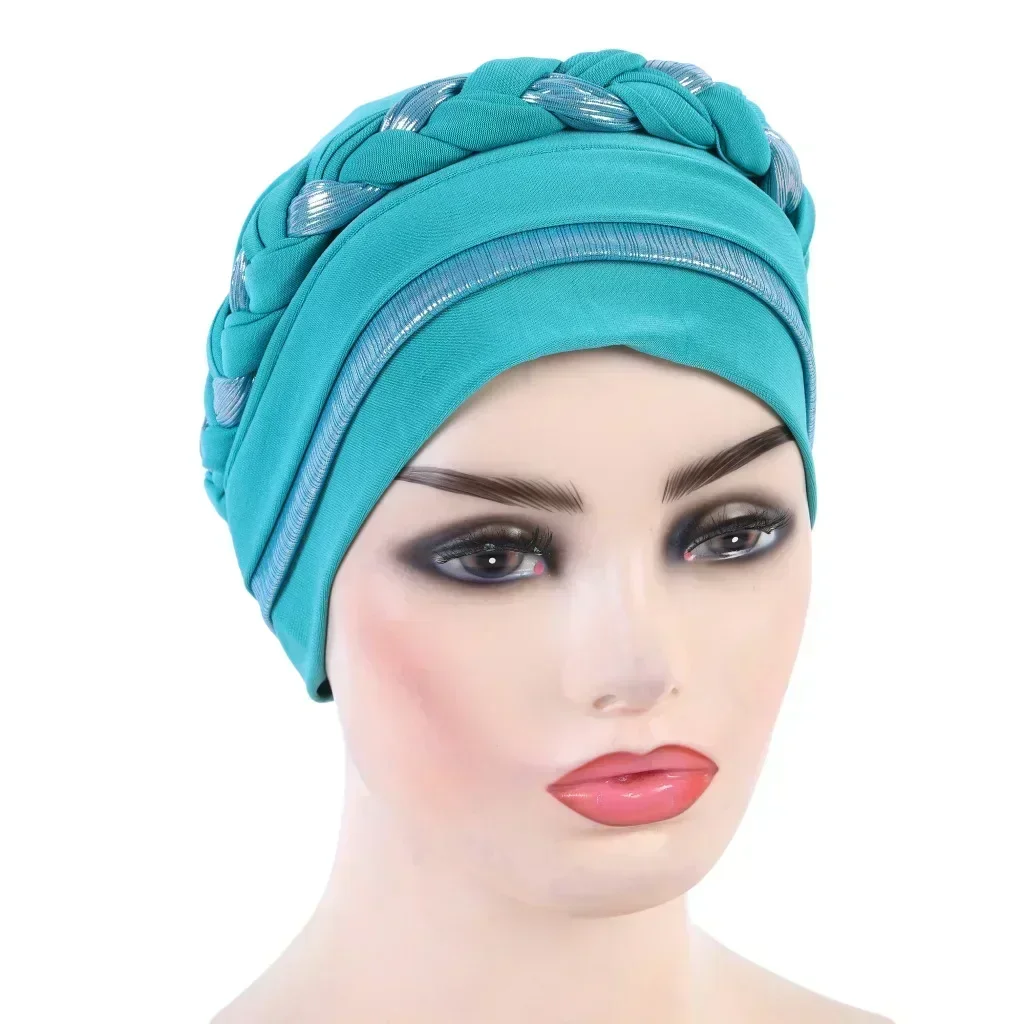Women Muslim Braid Hijab Hat Shimmer Turban Chemo Cap Islamic Headscarf Beanie Bonnet Hair Loss Bandanas Headband Turbante Mujer