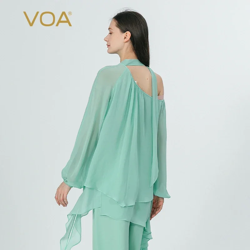 VOA Double Layer Georgette Silk Azure Office Lantern Long Sleeves Ladies Tops Skew Collar Loose T Shirt Women Clothing BE1232