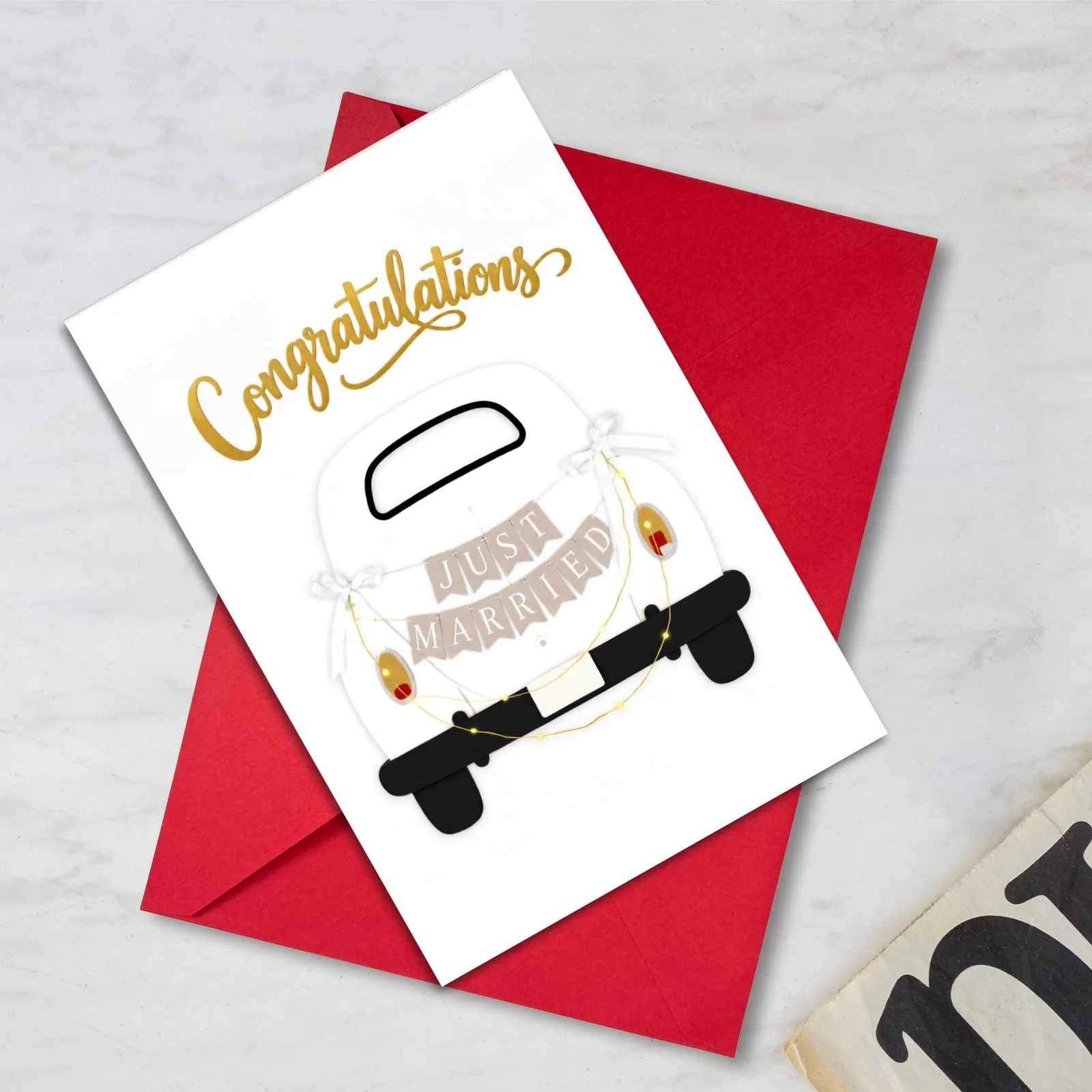 Golden Just Married Wedding Card - Congratulations on Your New Marriage. Simple and elegant wedding card with a romantic design.
