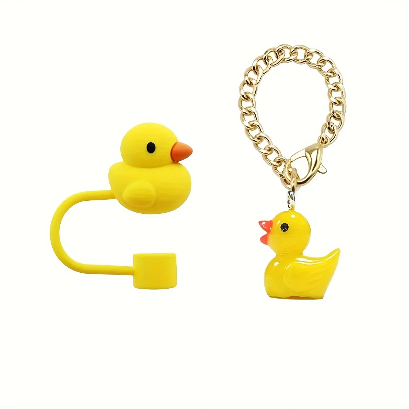 Silicone Duck Straw Topper and Charm Chain Set Reusable Cartoon Straw Cover for 10mm Straws Water Bottle Accessories