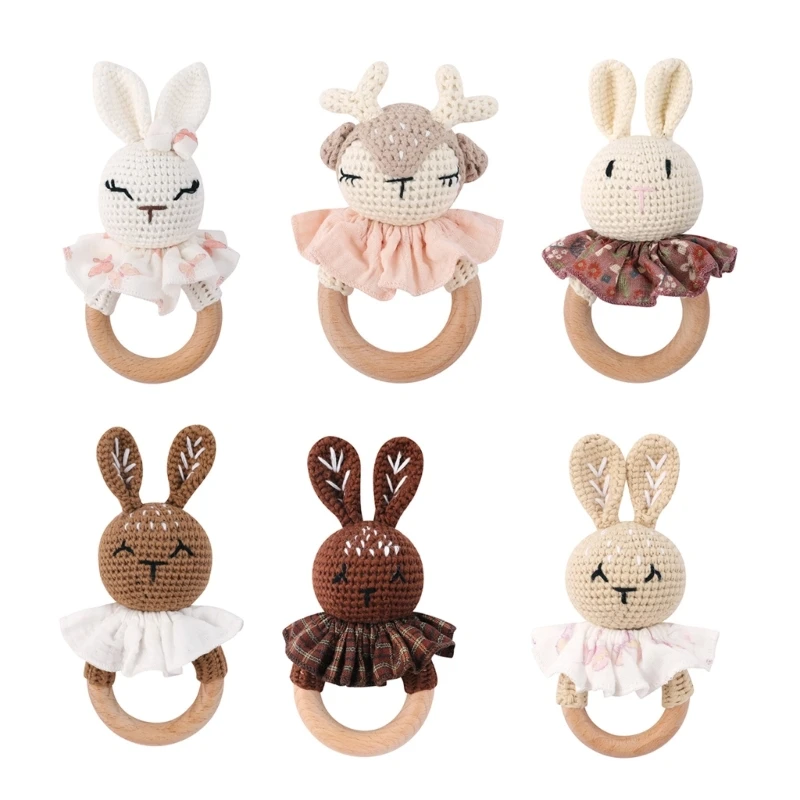 Crochet Rabbit Newborns Rattle Baby Teether Toy Handbell Hand Grab Music Rattle Baby Teething Toy Infant Chewing Gift