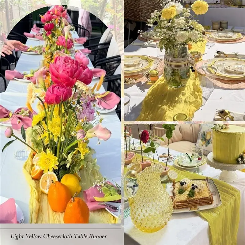 UISN 12 Pack Light Yellow Table Runner Semi Gauze Table Runners For Wedding Party Birthday Baby Bridal Shower