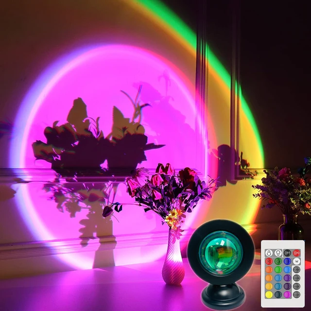 Lampa zachodzącego słońca Projekcja świateł LED z pilotem, 16 kolorów Lampka nocna Tęcza 4 tryby Ustawienia do fotografii/Selfie/imprezy/domu