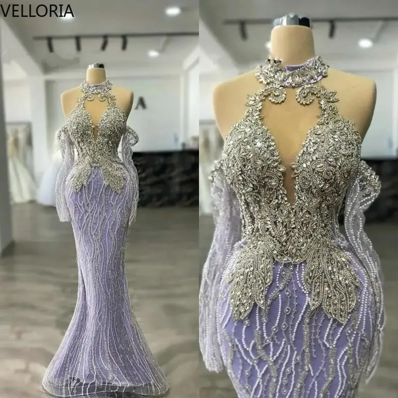 

luxury Evening Dresse Women Halter Neck Long Sleeves Ball Gown Appliques Crystal Beaded Detachable Train Party Dress Customized