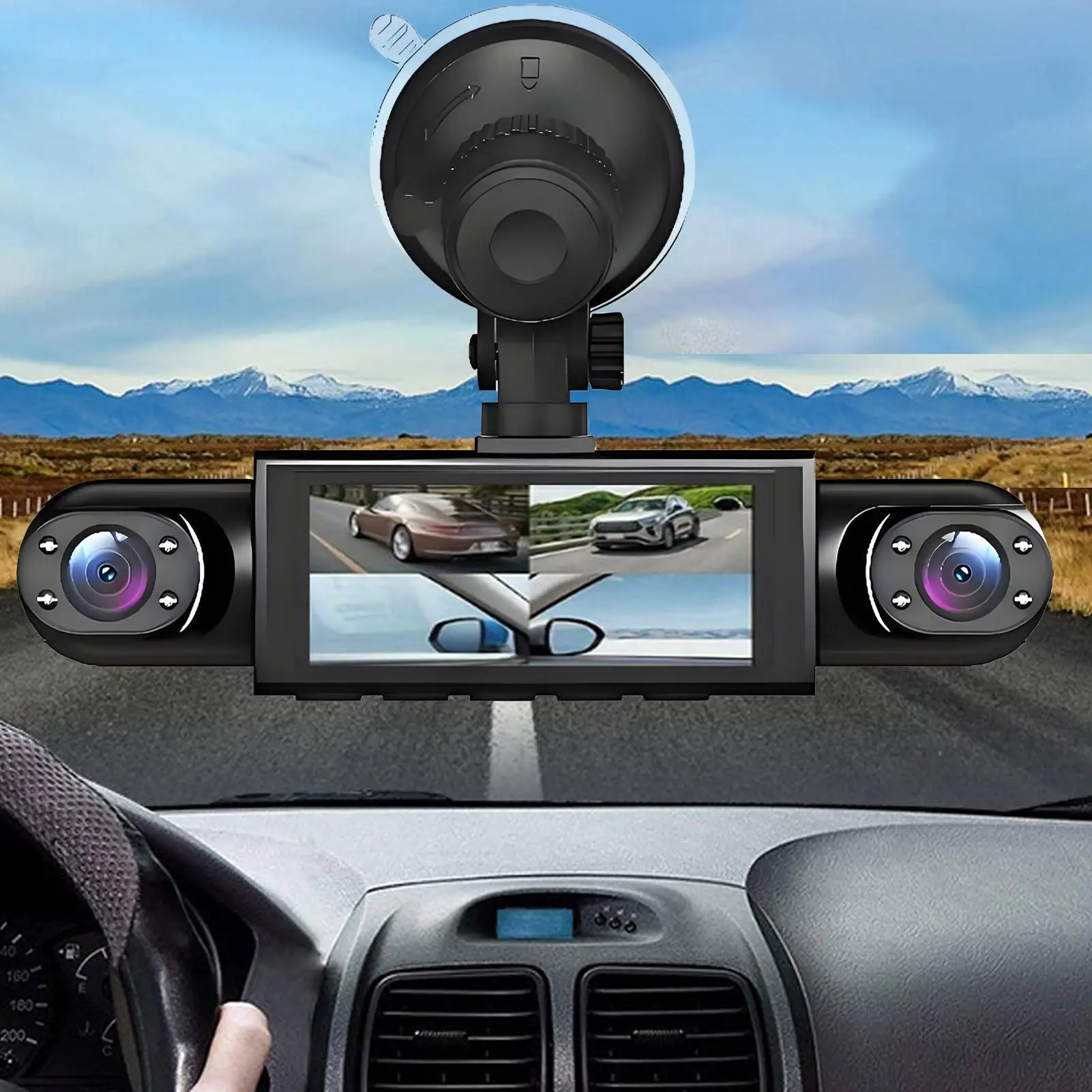 Dash Cam 4 Channel Battery Powered Dash Cam 1080P Monitor with 32G Card Rear Reversing Image for Left Right Front Blind Spot