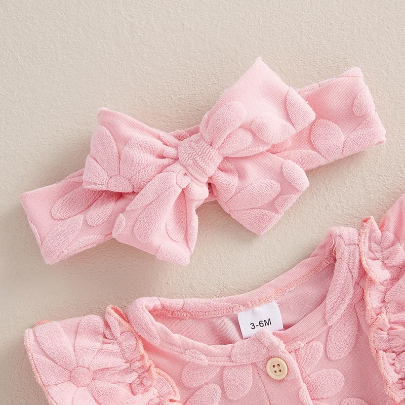 Baby Girls Flower Ruffles Rompers Bowknot Long Sleeve Jumpsuits with Headband Newborn Autumn Clothes