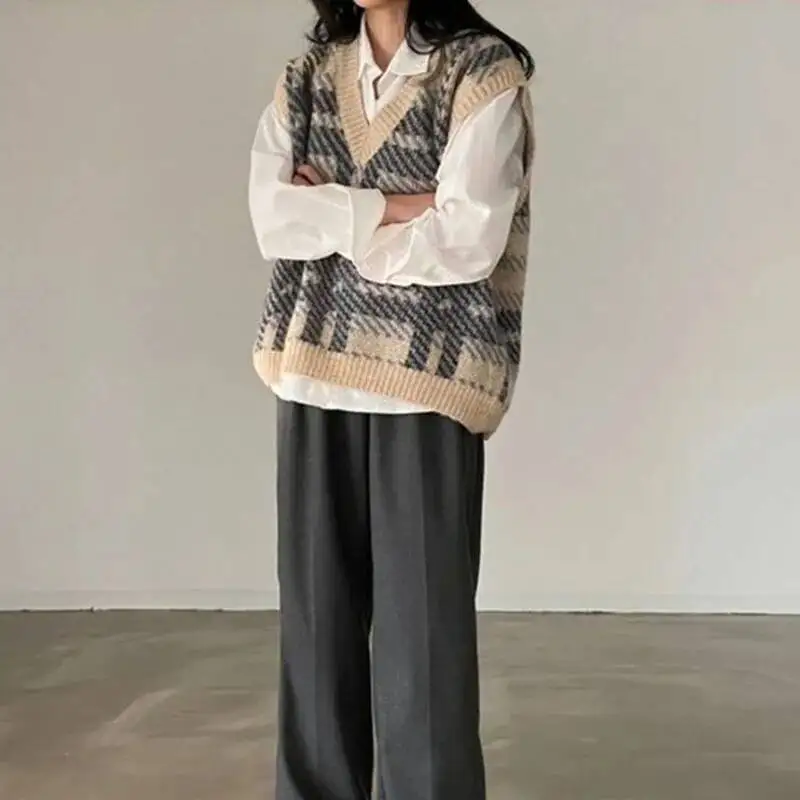 

Винтажный клетчатый свитер, жилет для женщин, корейский пуловер без рукавов с v-образным вырезом, свитера, женский Haruku Y K, лоскутный вязаный жилет