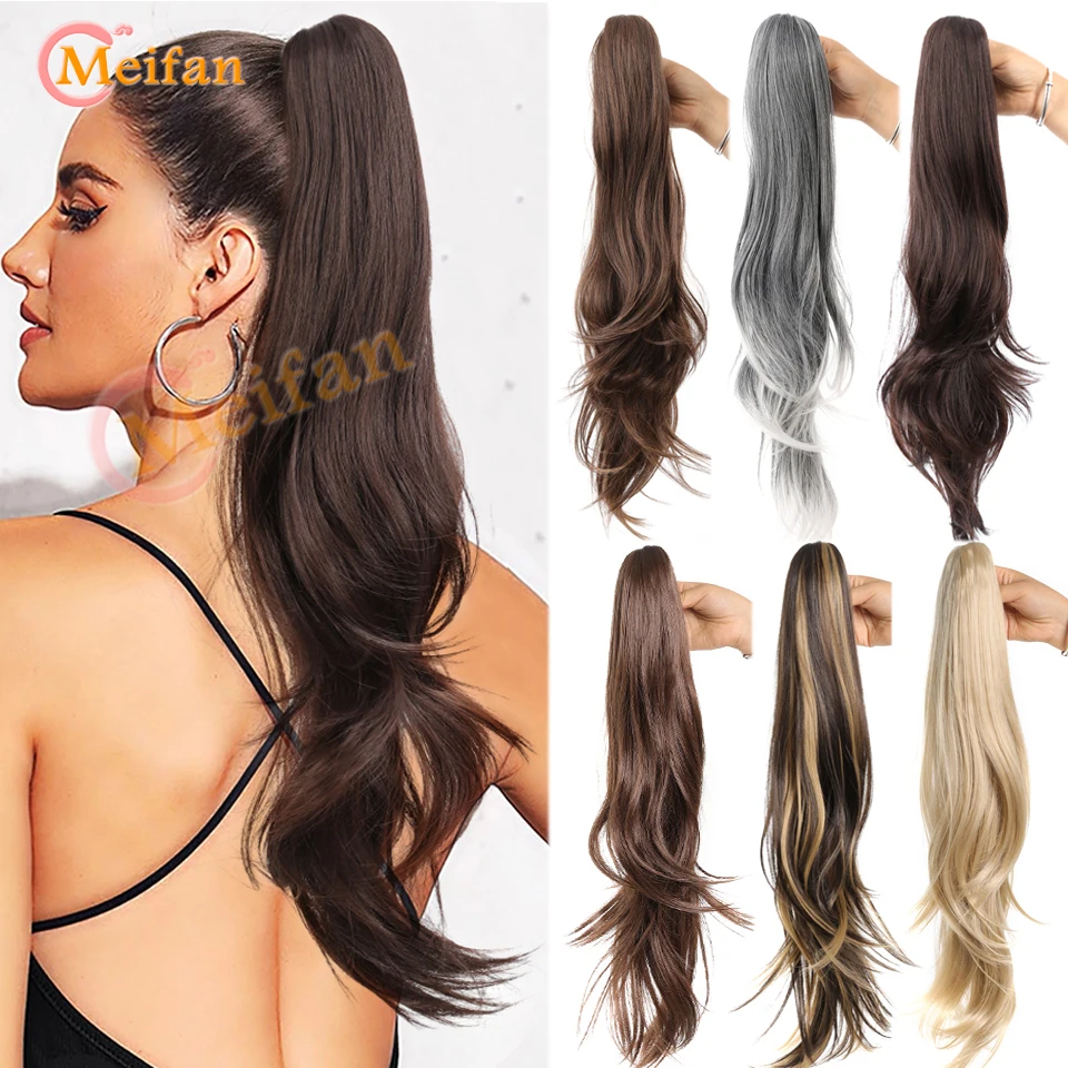 MEIFAN Synthetic Long Wavy Layered Ponytail Claw Clip In Hair Extension Hairpiece Blonde Gray Fake Pigtail Hairpiece Horse Tail