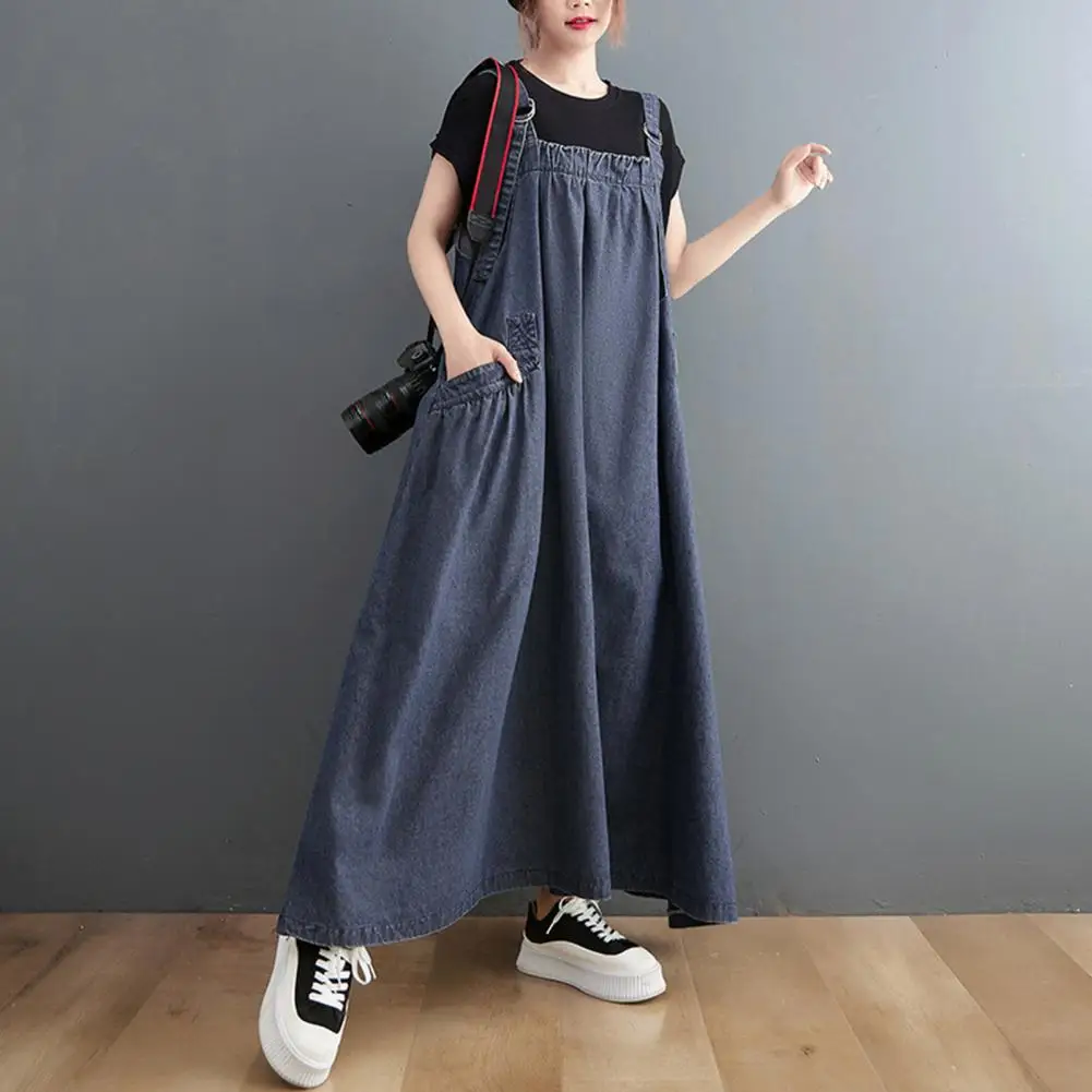 Women's Denim Overall Dress Loose Sleeveless Boho Jean Jumper Dress with Pockets Wide Hem Pinafore Dress with Adjustable Strap