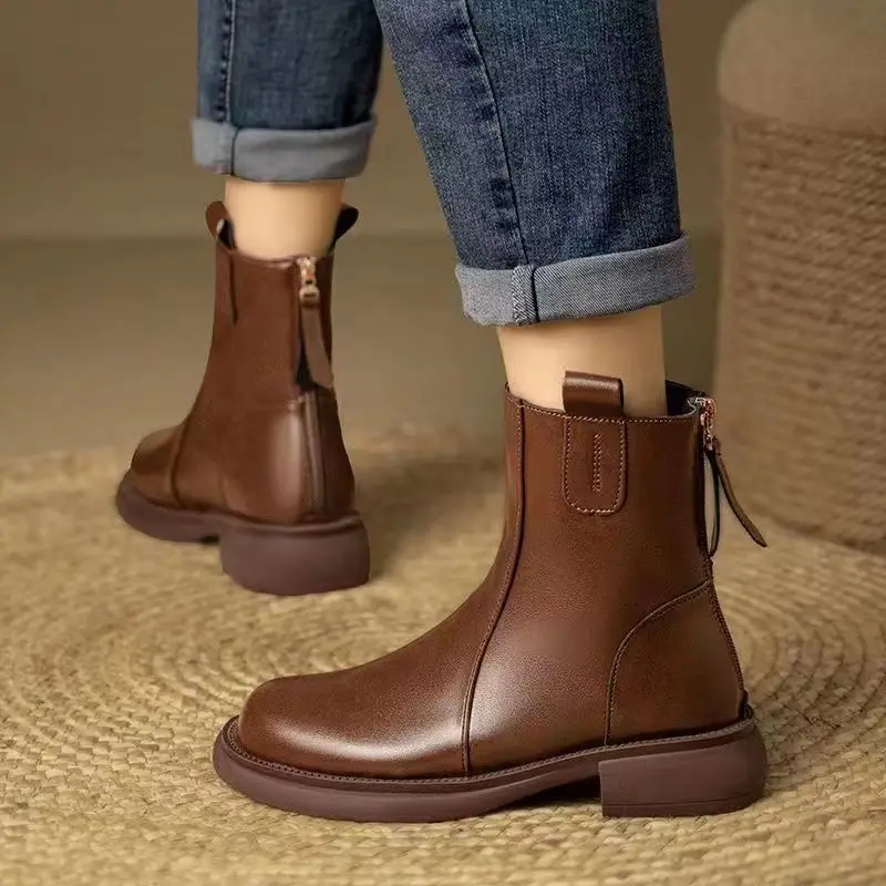 Female Short Shoes Warm Brown Fleece-Lined Chelsea Leather Autumn Booties Pu New In Trend 2025 On Promotion Women's Ankle Boots
