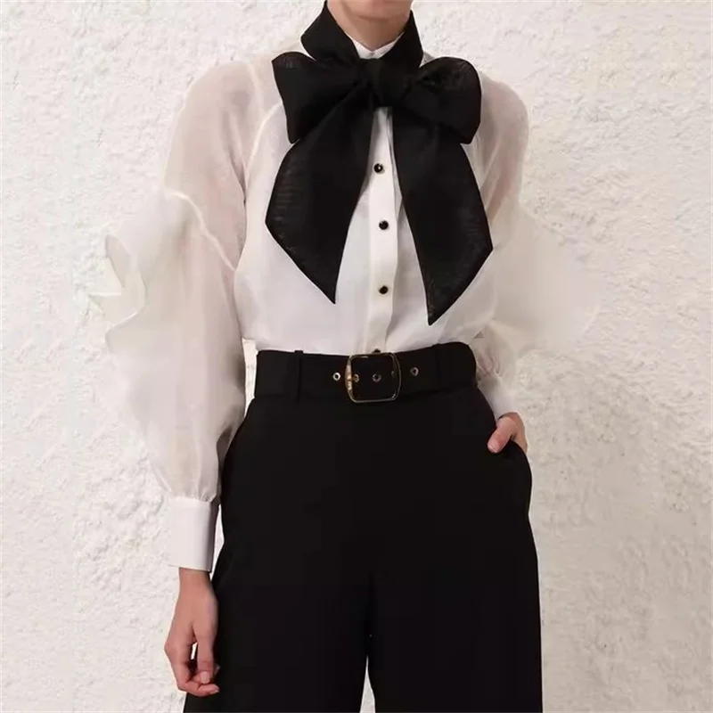 

women's blouses trend 2024 autumn New Ruffled women's shirt High quality linen blend long sleeved top Bow collar y2k Women top