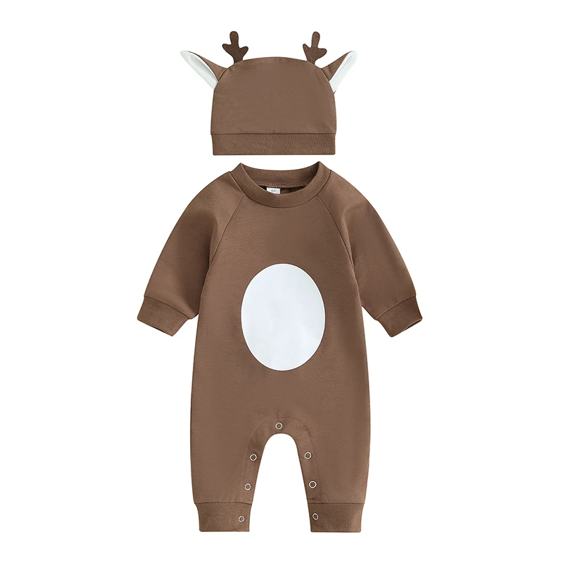 

Baby Long Sleeve Rompers Newborn Christmas Contrast Color Round Neck Bodysuit Hat Infant Loose Fit Jumpsuits