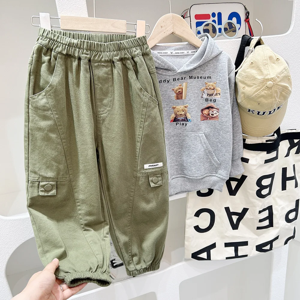 2024 Spring Autumn Children Boys Cargo Pants Elastic Pockets Solid Kid Boys Jogger Pants Letter Sticker Student Boys Trousers