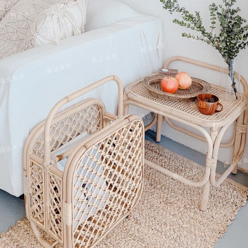 Nordic Wind Rattan Woven Organizer Basket Ins Grid Magazine Stand Landing Newspaper Storage Holders Living Room Decoration Rack