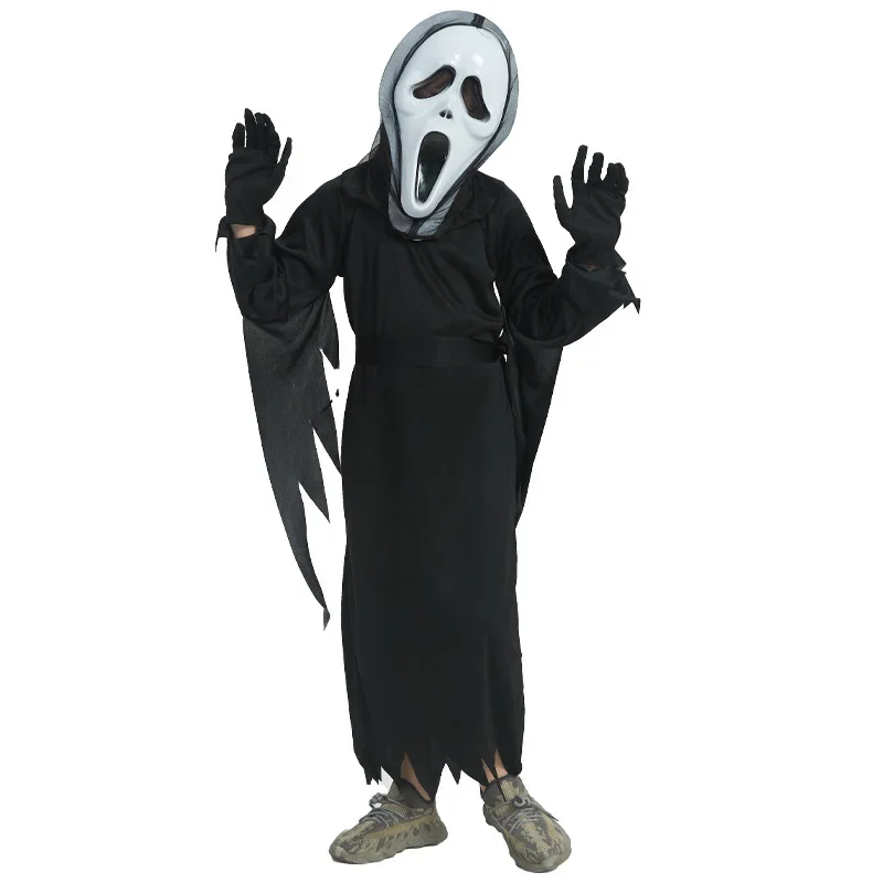 Devil Dark Messenger Ghost Cosplay Set Halloween Children Costume Horror Red Eye Reaper Costume Scythe