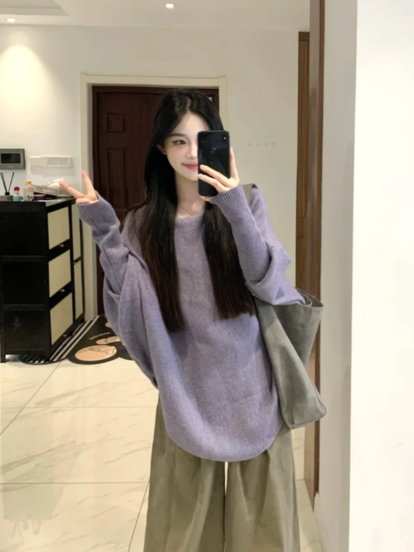 

Loose Long Sve Knitted Purple Cowl Ne Sweater Autumn Winter Batwing Sve Comfortable Sle Casual Faion Women's Top