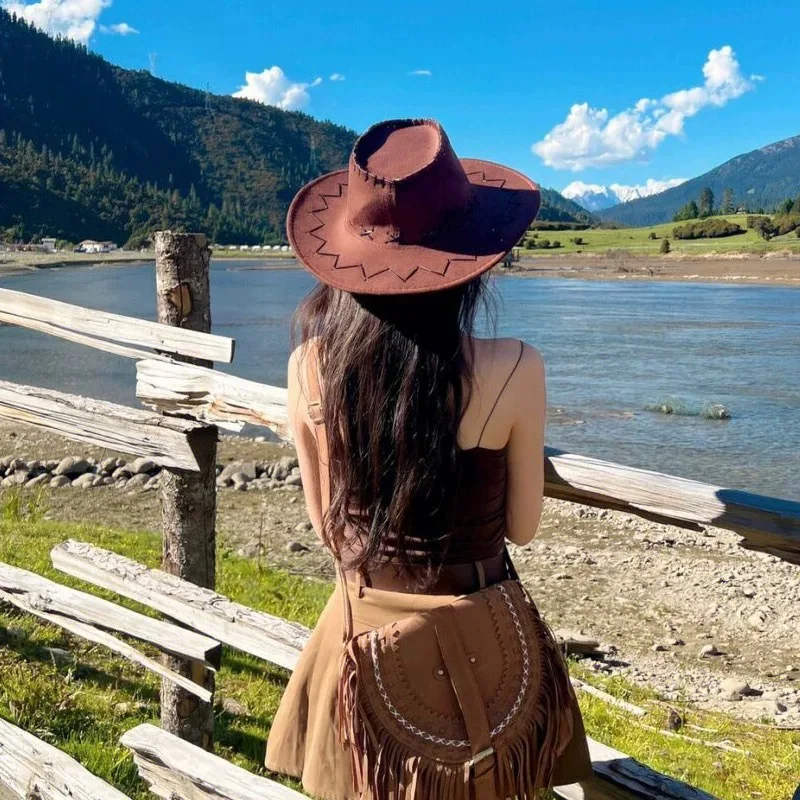 جديد للجنسين قبعة رعاة البقر الجلد المدبوغ موضة قبعة رعاة البقر إمرأة رجل قبعة العملي الغرب المتوحش فستان بتصميم حالم رائجة البيع الغربية أغطية الرأس قبعة