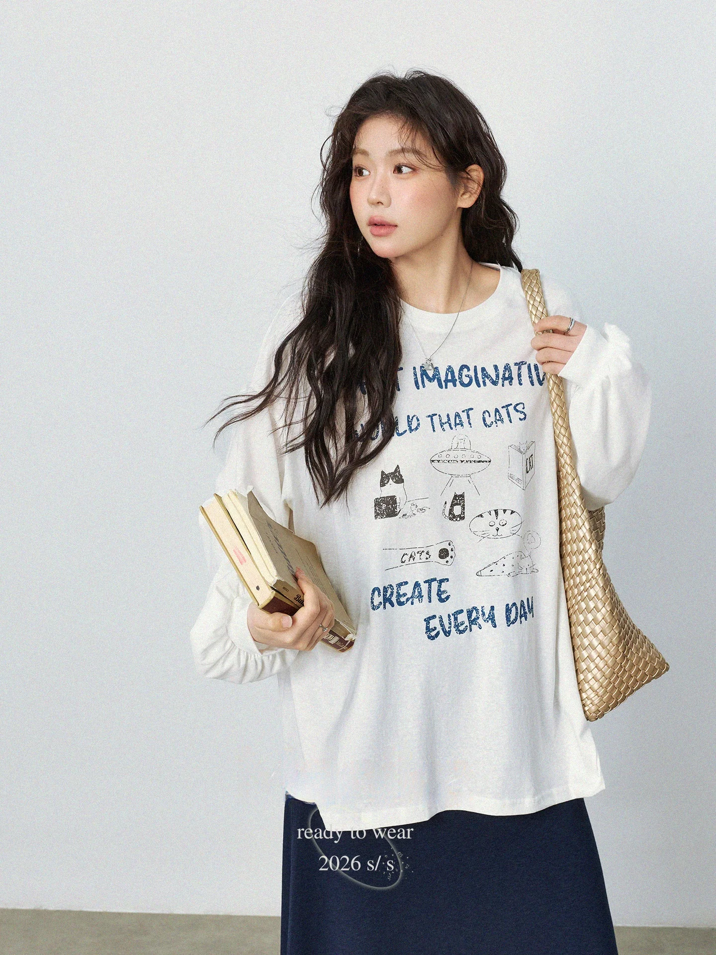 

Женская футболка больших размеров с круглым вырезом и длинным рукавом, в корейском стиле, с принтом, повседневная, свободного кроя, весенняя новинка, скрывающая недостатки фигуры