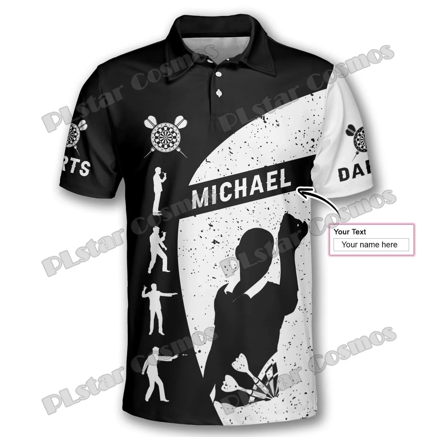 Darts Black White Emblem Pattern Custom Name 3D Printed Fashion Men's Polo Shirts Summer Casual Unisex Premium Polo Shirt PLP35