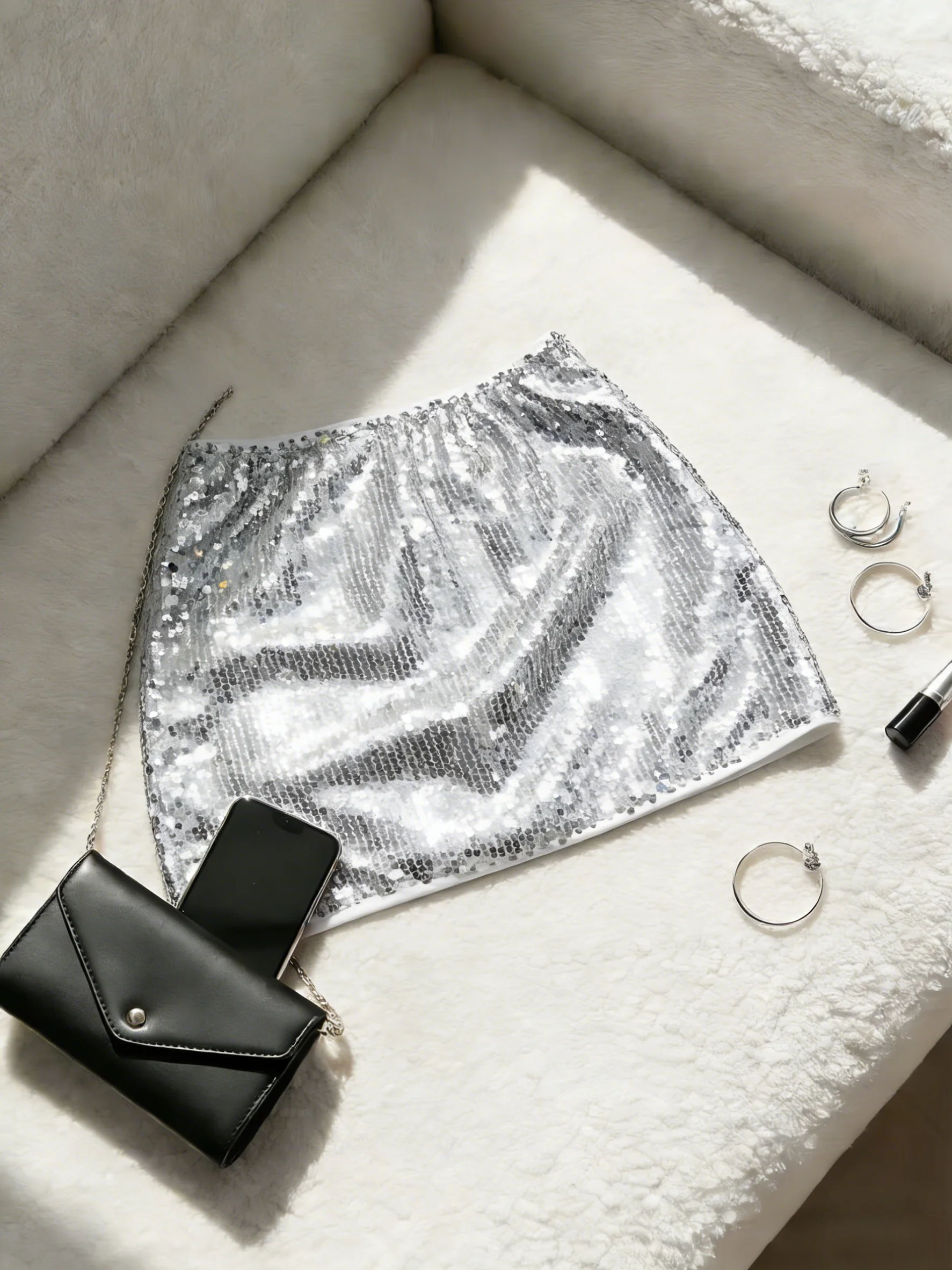 Damen Pailletten-Minirock mit elastischem Bund, schmal geschnitten, figurbetont, kurzer Rock, glitzernd, für Party, Club, Nacht, sexy, Y2K, Basic-Rock – Detail 7