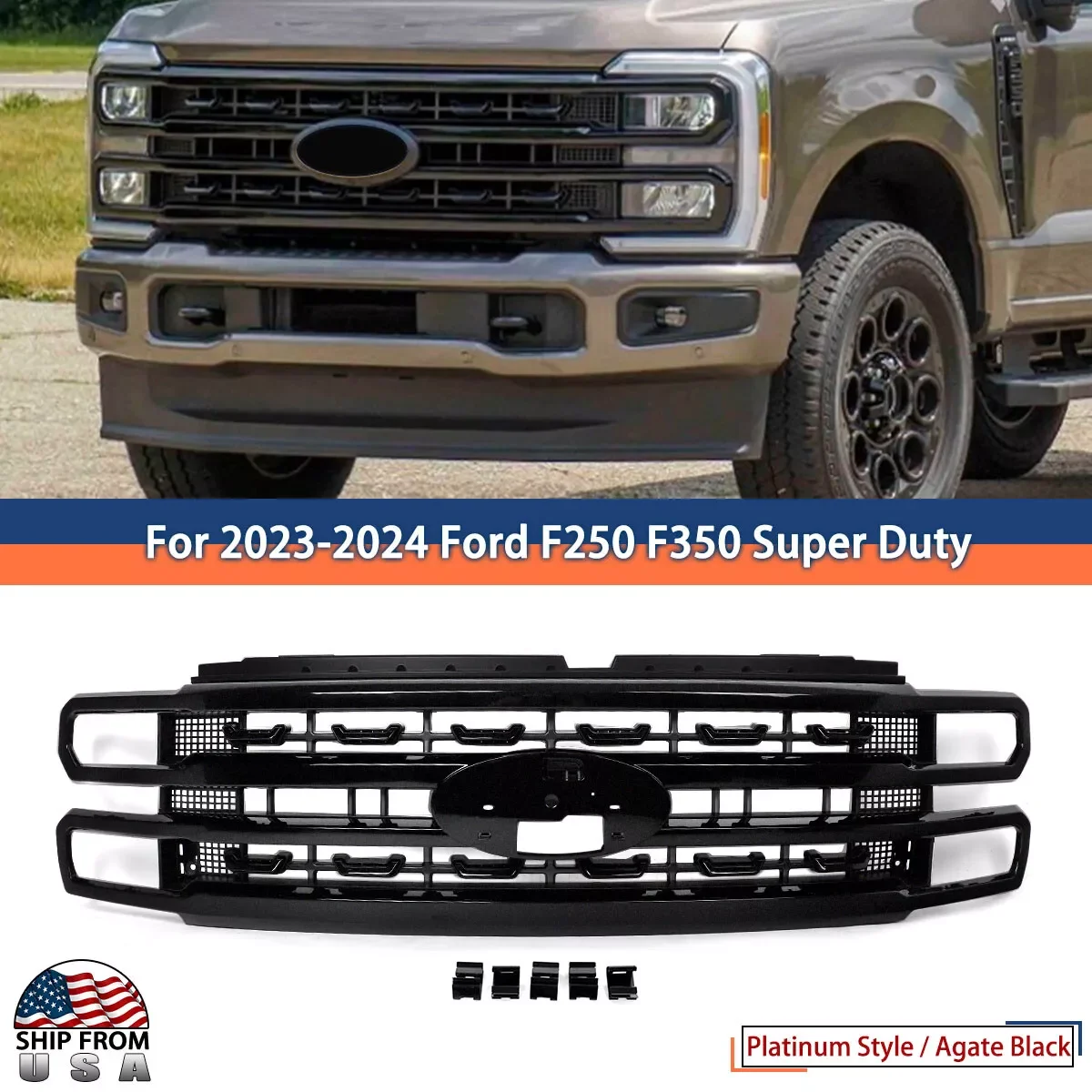 Magickit Front Bumper Grille For 2023 2024 Ford F-250 Grill F-350 F-450 F-550 Super Duty Air Inlet Grille Agate Black UM/M7414