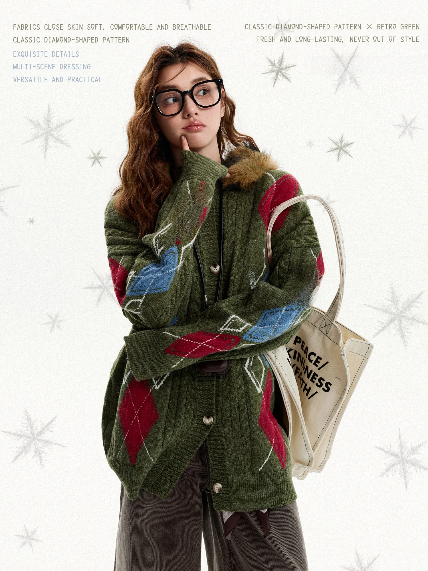 

Damon Island Cisas Vintage Color Blo Lazy Knitted Sweater with Hat And Fur Collar ex Long Sve Diamond Patterned ...