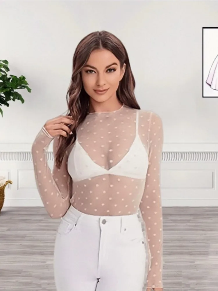 T Shirt For Women Basics Retro Sexy Polka Dot O Neck Bodycon Tops Off The Shoulder Vintage Solid Streetwear Lace Transparent