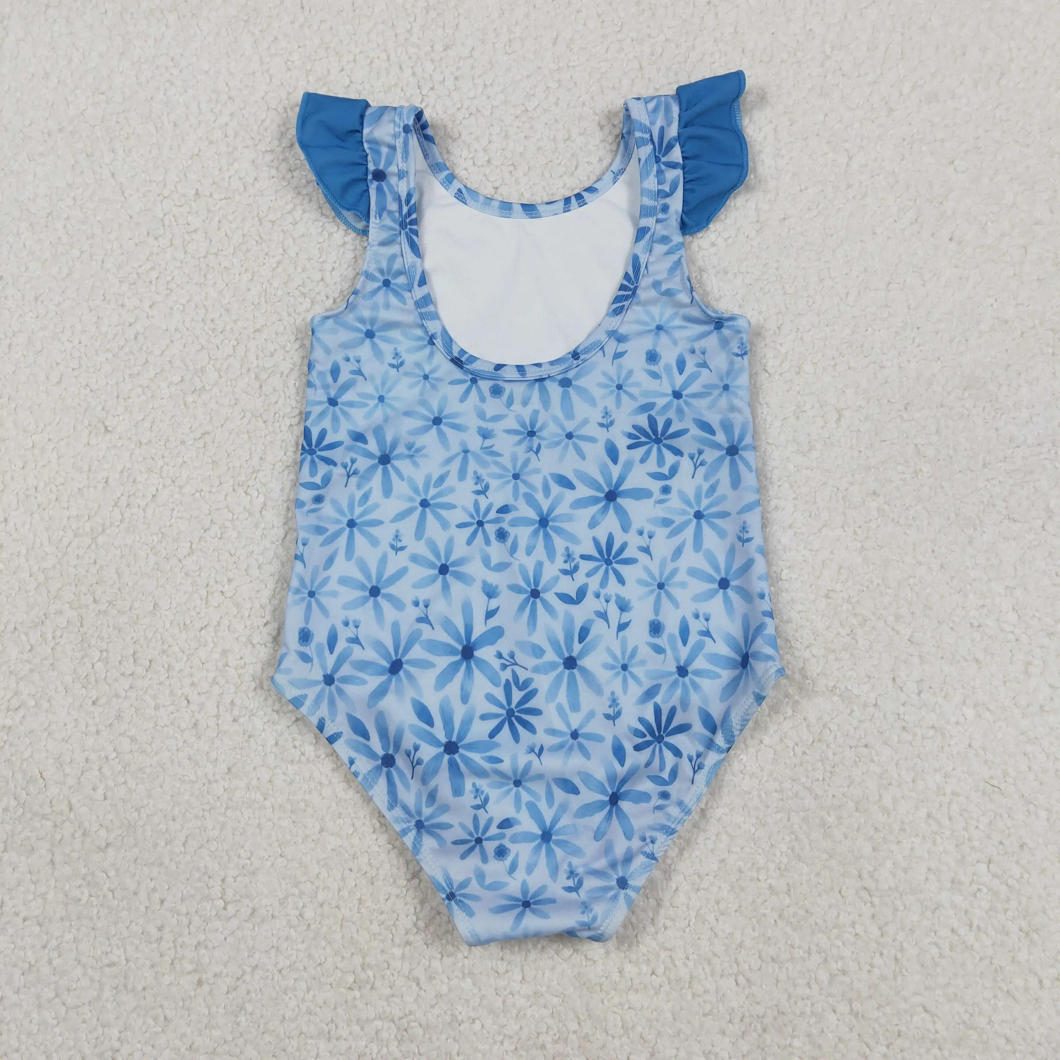 Summer Clothing For Girls - ชุดว่ายน้ำเด็กเล็ก แขนสั้น ลายดอกไม้ สีฟ้า สำหรับเด็กผู้หญิง ขายส่ง