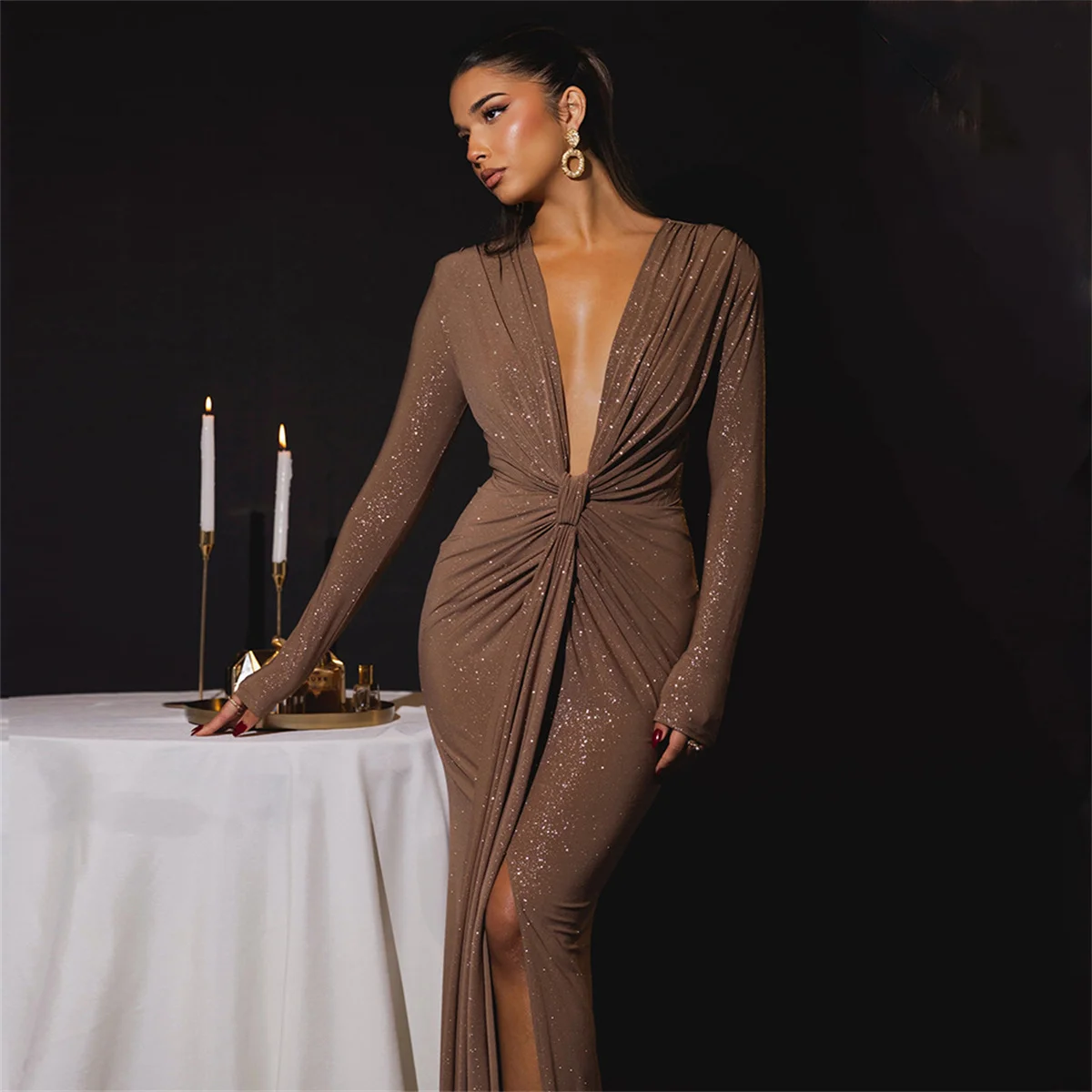 Glitter Deep V Neck Sexy Maxi Dress For Women Elegant Sparkle Long Sleeve Ruched Bodycon Split Club Party Sexy Evening Dress