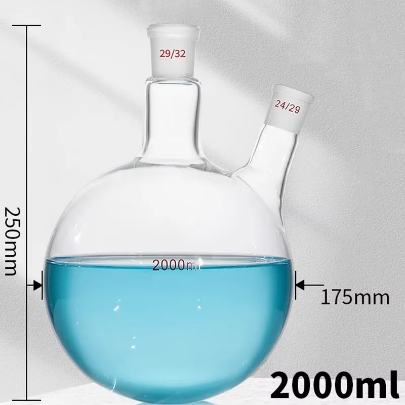 Laboratory high round bottomed glass 2-neck distillation flask with 2 standard angled adapters