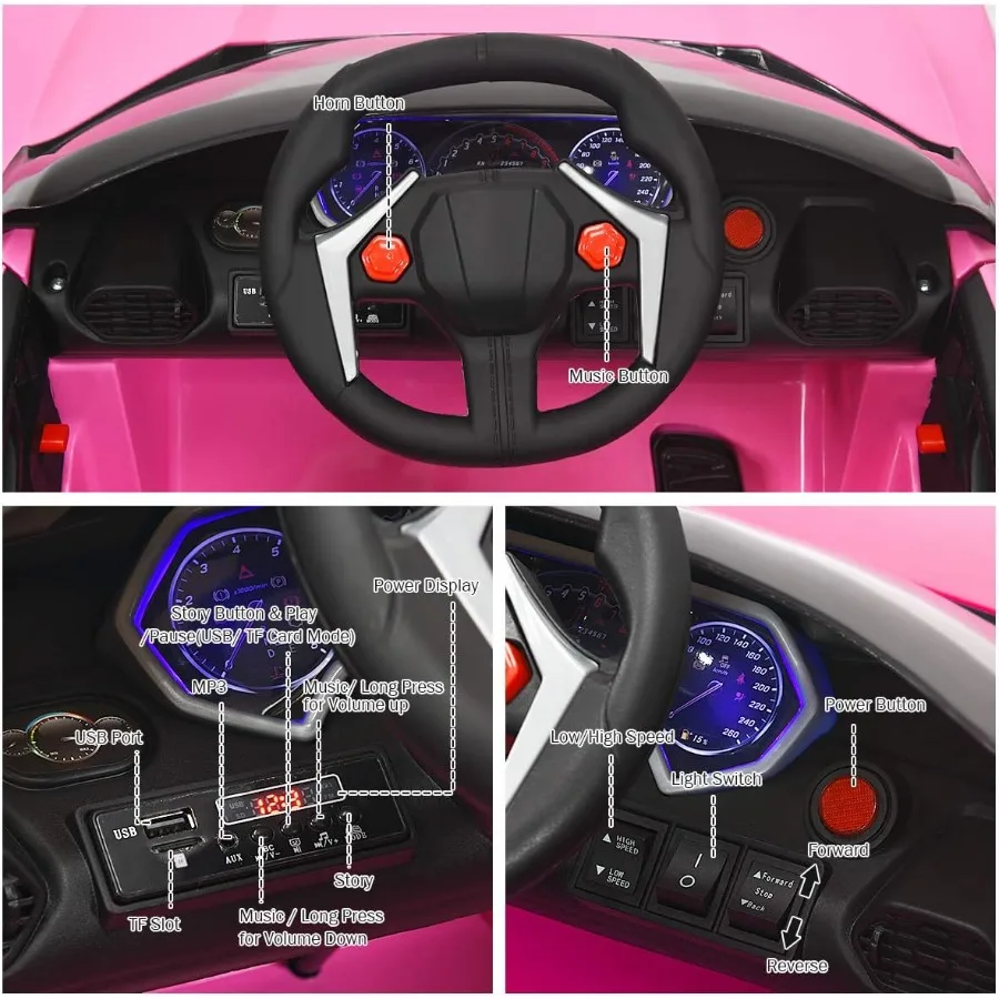 Ride on Car 12V Battery Powered Electric Vehicle w/Manual and Remote Control Modes LED Lights Horn Music MP3 USB TF 3 Speeds Sp