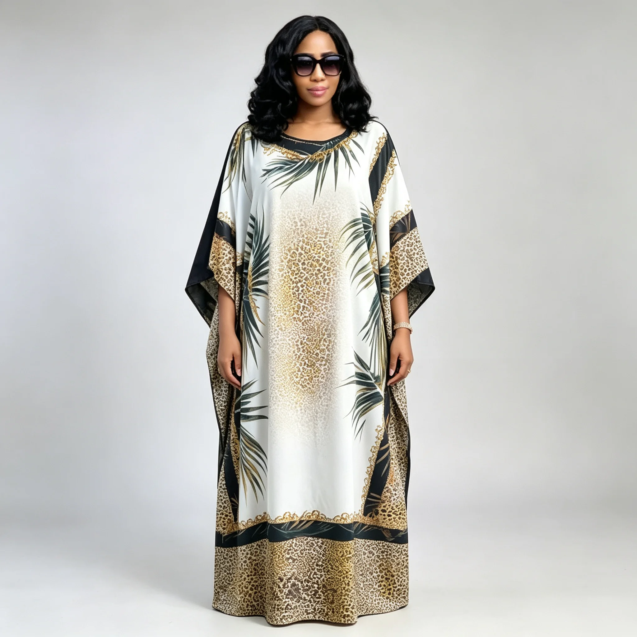African Women Kaftan Dress White Leopard Palm Print Loose Straight Abaya Pure Black Back Maxi Dress Plus Size Muslim Long Robe