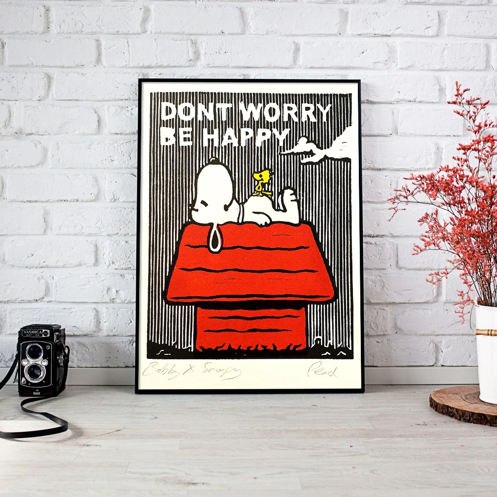 

Bobby and Snoopy Abstract Wall Art Picture Print, Canvas Poster for Living Room, Home Decor, Dont Worry Be Happy Painting, Gift